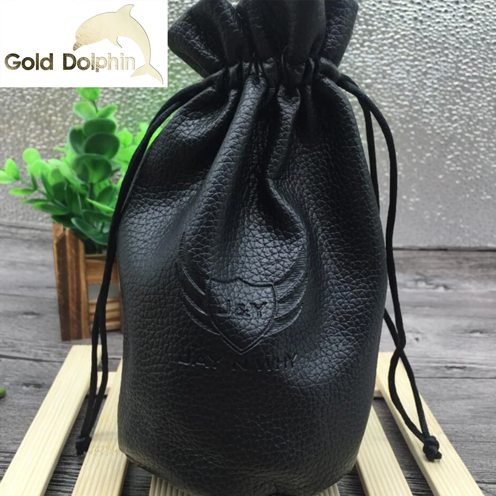 Custom Luxury Manufacturer Black PU Leather Jewelry Drawstring Bag with round bottom