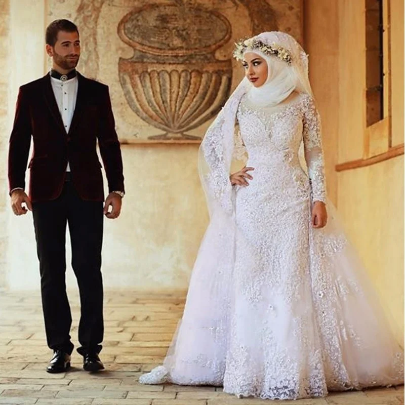5063#New Design Long Sleeve Lace Applique Muslim White Luxury Hijab Mermaid Bridal Wedding Dress Ball Gown With Detachable Train