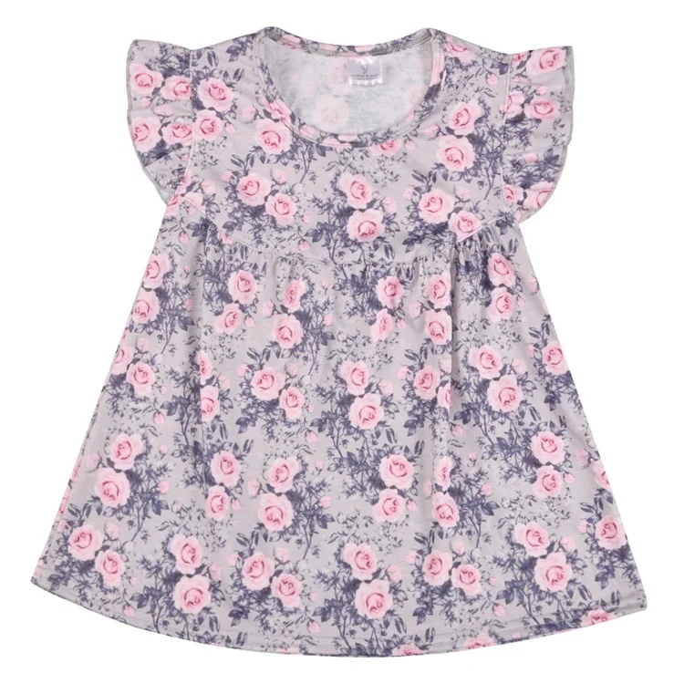 
Wholesale summer boutique kids flower flutter sleeve baby girls floral pearl dress 