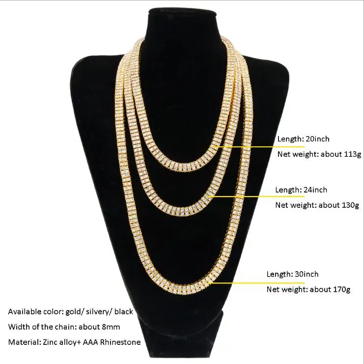 Bling Iced Out Tennis Chain 1 Row Necklaces Silver/Gold Color Men Chain Fashion Jewelry