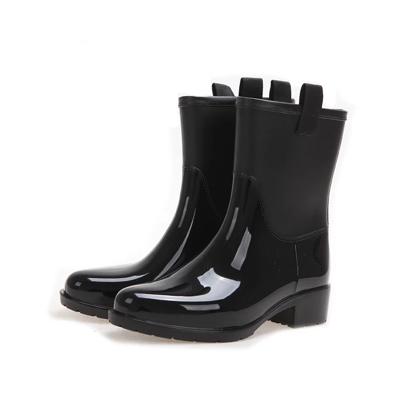 shinny black horse riding style half boot with PU pull tap welly rain boots wellies women