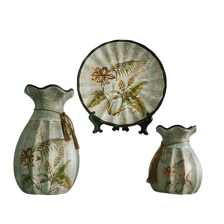 Set of 3 Home Living room decorative hand painted unglazed ceramic pottery flower vase