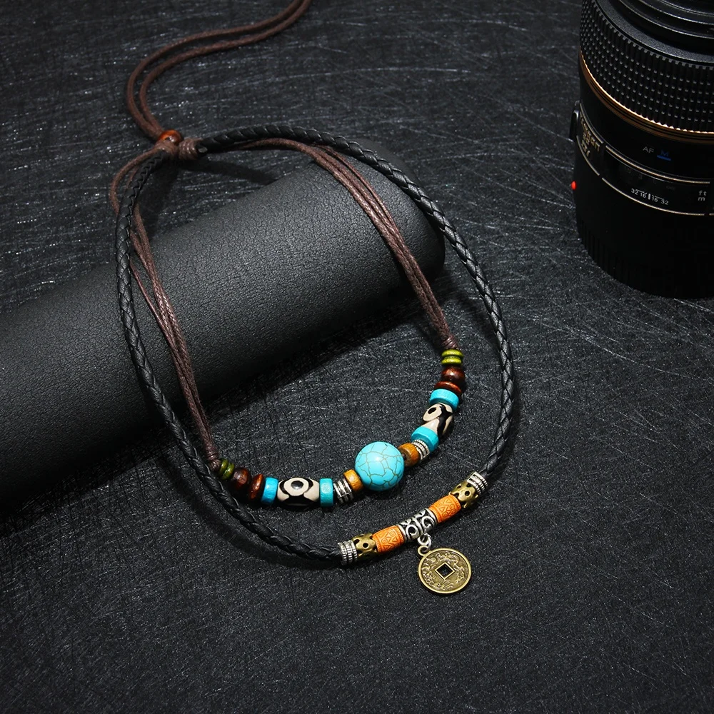 Vintage Ancient Coin Pendant Black & Brown Leather Ropes  Multiple Necklace Turquoise Natural Stone Beaded Necklace