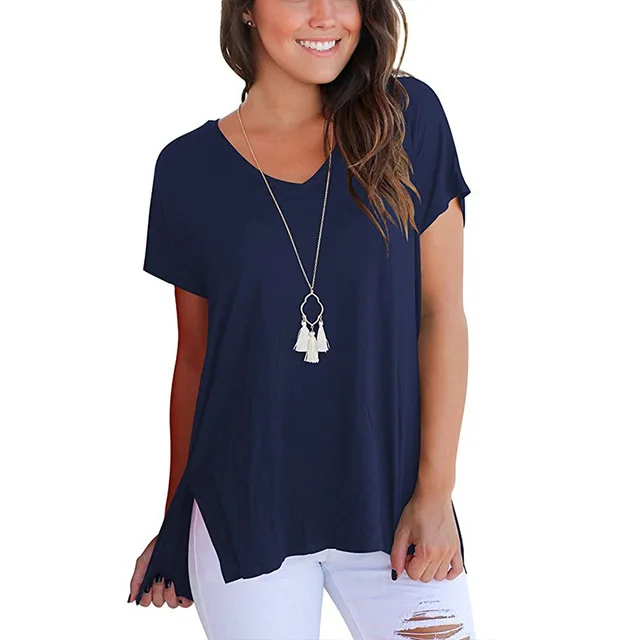 
Summer Women Solid Short Sleeve T Shirt Casual V Neck bamboo women t shirt with your logo 