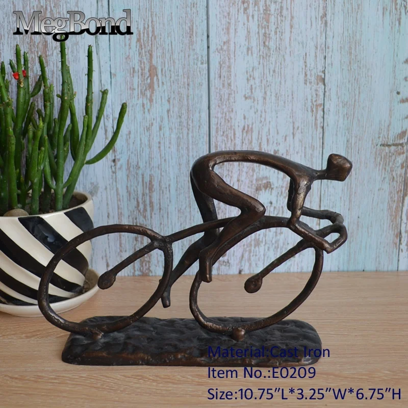 Cast iron designed man bicycle figurine home decoration for decor, metal cyclist table sculpture