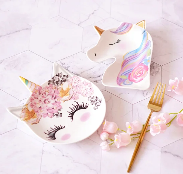 Unicorn eco friendly kids dinner set big glazed ceramic dinner set Cartoon porcelain dinner set