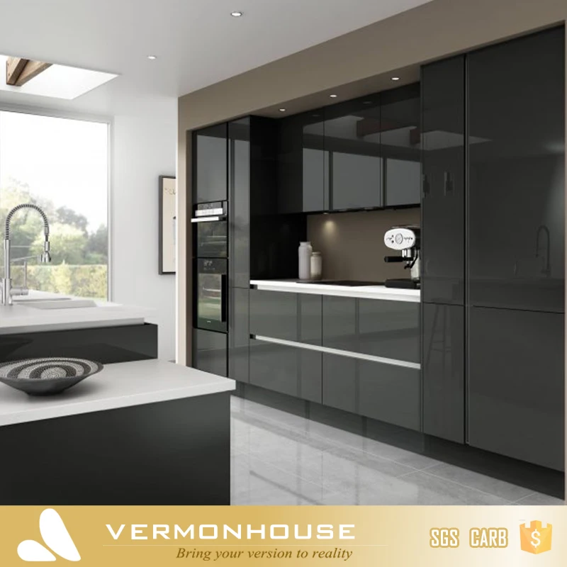 2022 Latest Modular Kitchen Furniture With Grey High Gloss Paint Finish