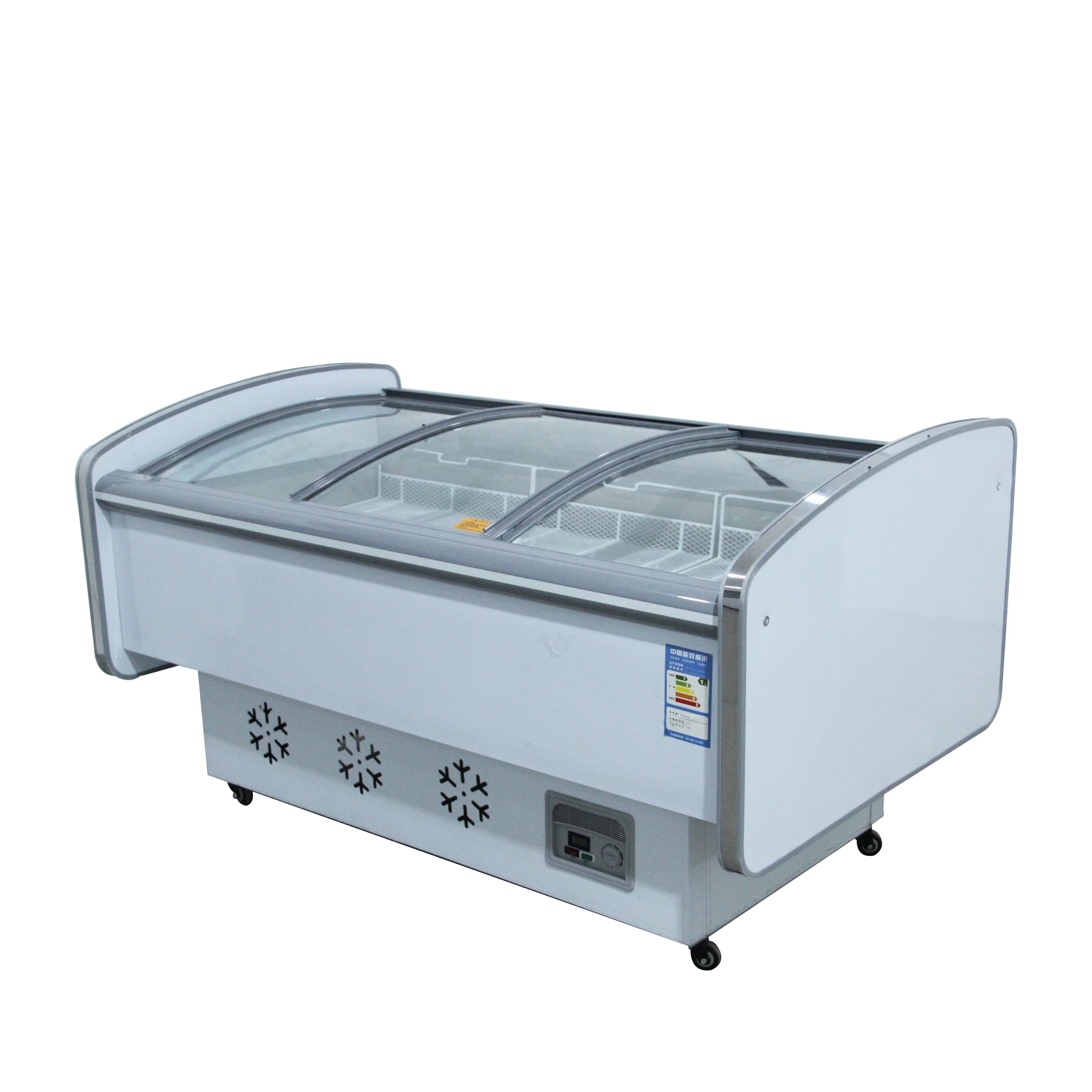 custom Curved side dish island horizontal commercial refrigerated display cabinet supermarket barbecue chest freezer