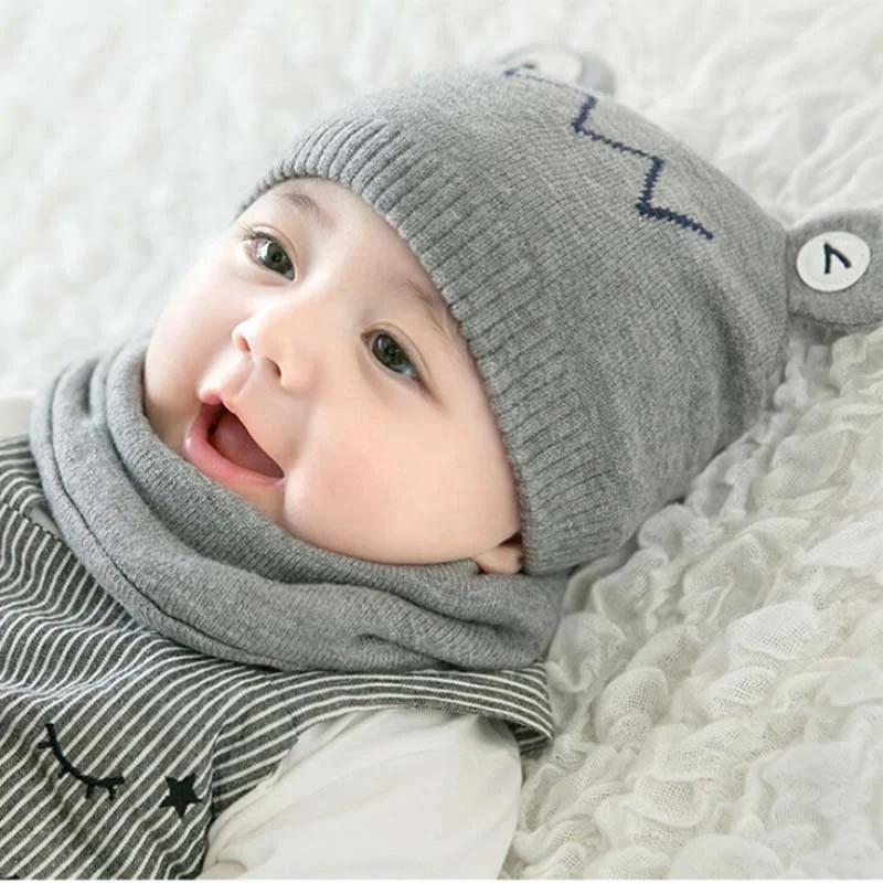 Fashion Warm Knitted Soft Winter New Born Cute Bear Toddlers Beanie Baby Hat And Scarf