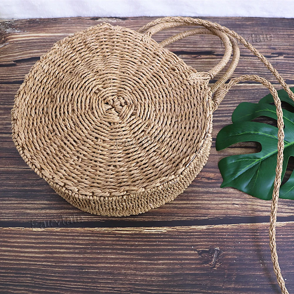 
Vintage Hand Woven Round Beach Bag Handles Sea Bali Straw Bag 