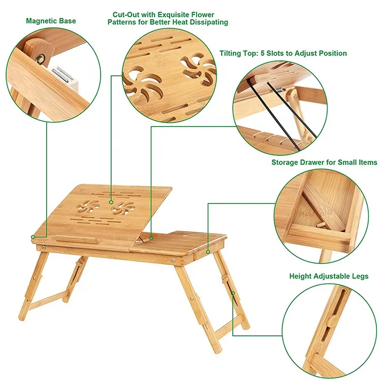 Bamboo Laptop Desk Adjustable Portable Breakfast Serving Bed Tray with Tilting Top Drawer