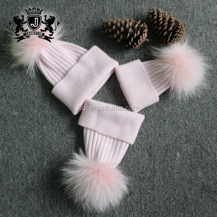 Wholesale Raccoon fur pom kids crochet angora beanie winter hat with top ball