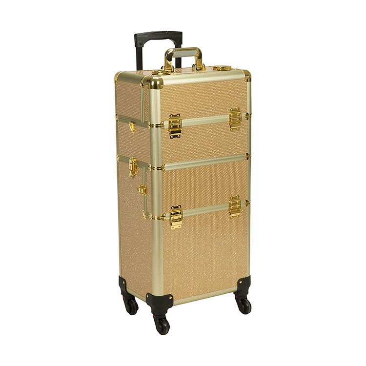 Gold durable bling aluminum suitcase abs trolley makeup artist case