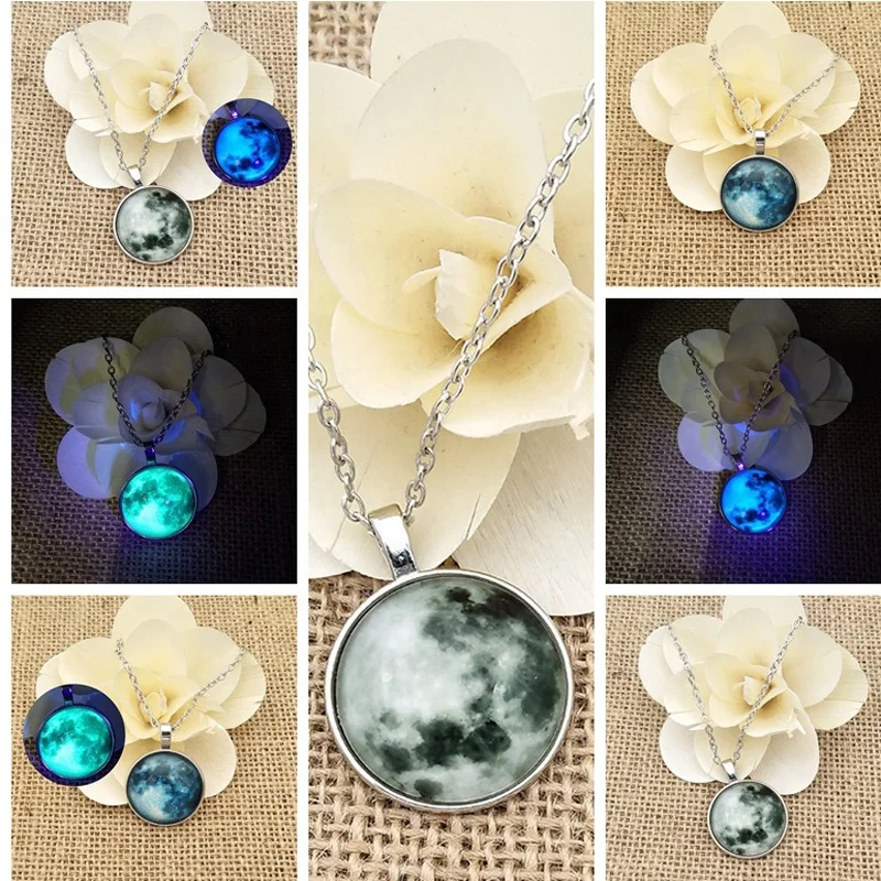 blue full shaped pendant silver moon glow necklace