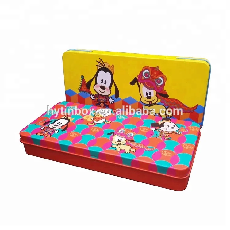 School use cute cartoon design hinged lid metal tin pencil case pen box stationery box 205x95x30 mm