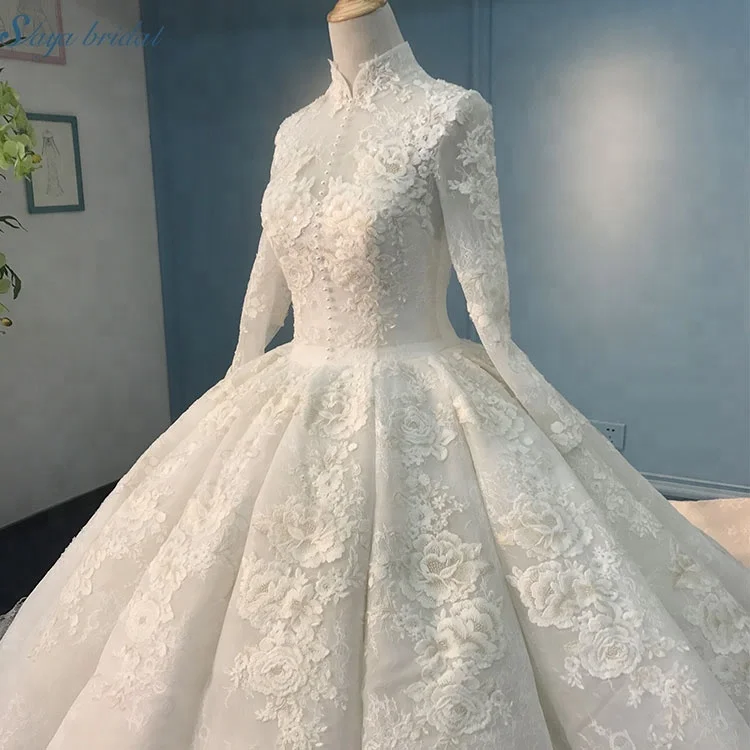 High collar lace patch 150 cm train muslim bridal wedding dress