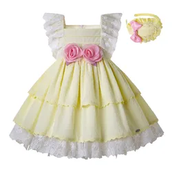 OEM 2021 Spring Newest Girls Easter Dress with Flower Sleeveless Korean Dress with Headband Lace Boutique Yellow Clothes