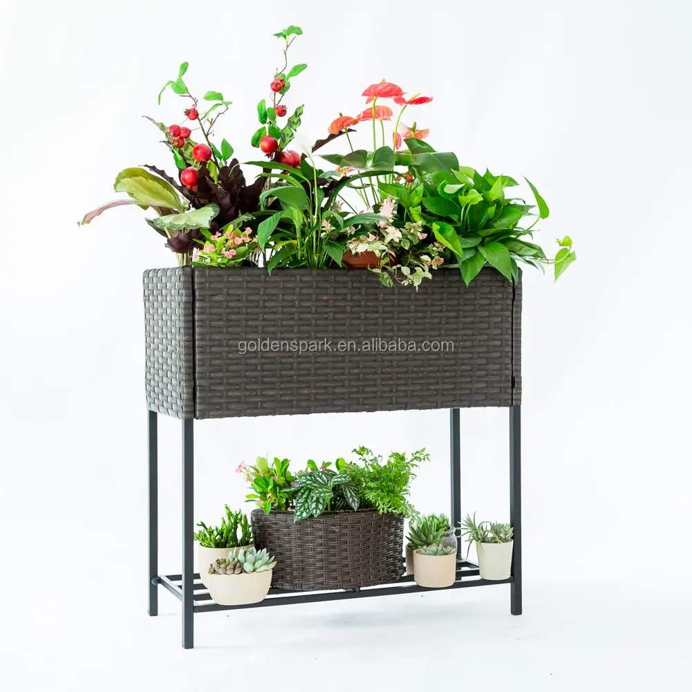 Wicker Plant Stand Indoor Outdoor Raised Rectangular Planter Box, Elevated Flower Pot Stand Holder with Shelf, Black Metal Frame