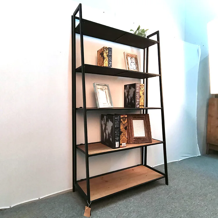 Furniture wall movable comic ladder tall metal iron pine wood modern cabinet organizer case book shelf