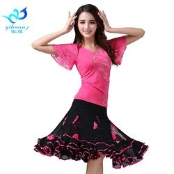 Ballroom Dance Costume Set Waltz Rumba Latin Stage Performance Wear Competition Tops& Skirt Flower Patterns Tango Cha Cha