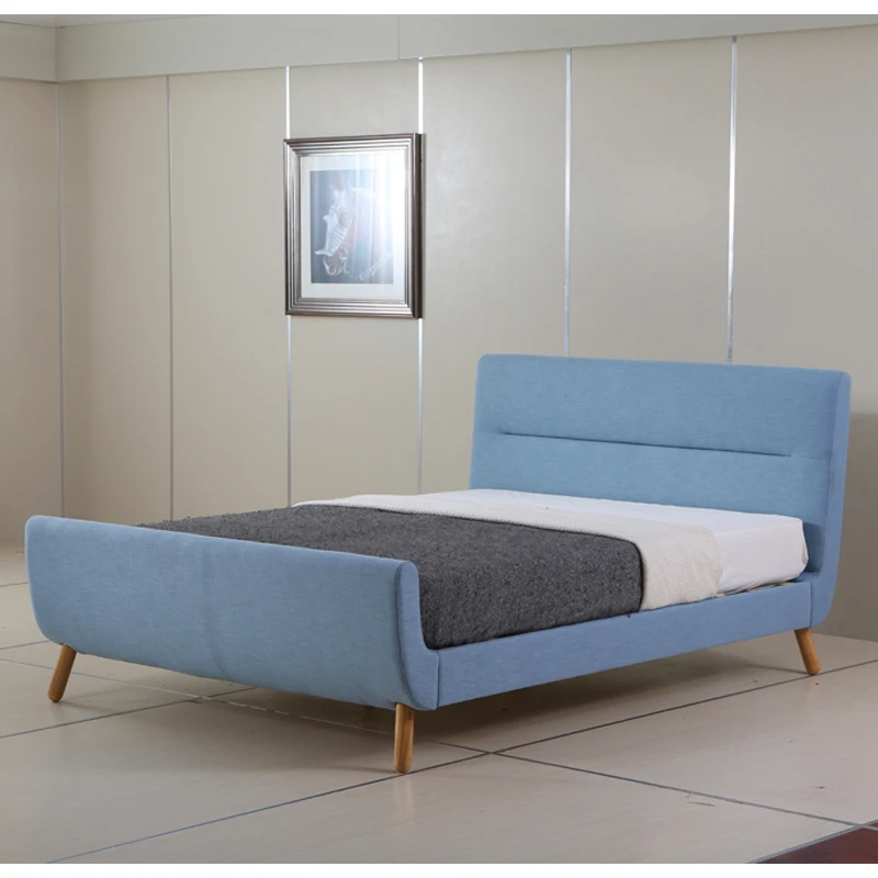 Blue Comfortable Double Bed Frame Modern Style Fabric Bed