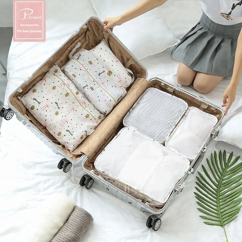 fashion zippper unisex Portable Waterproof Compression Polyester Travel Makeup Laundry 6 Pcs Packing Cubes