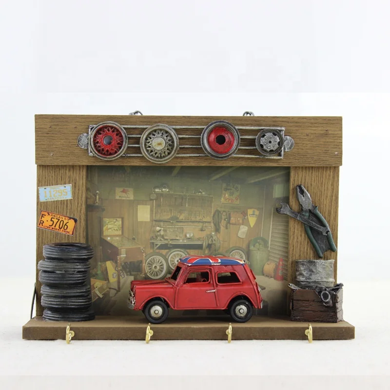 Handmade Wooden Vintage Photo Frame Antique Retro Wall Decor With Shop Front Red Car Model Metal Craft For Bar Cafe Restaurant