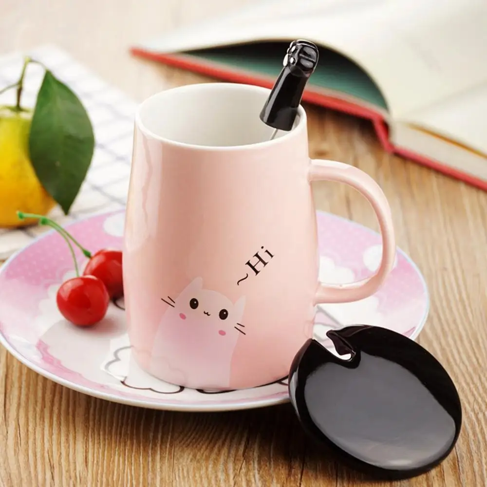 Pink Cute Cat Mug Funny Ceramic Coffee Mug with Stainless Steel Spoon