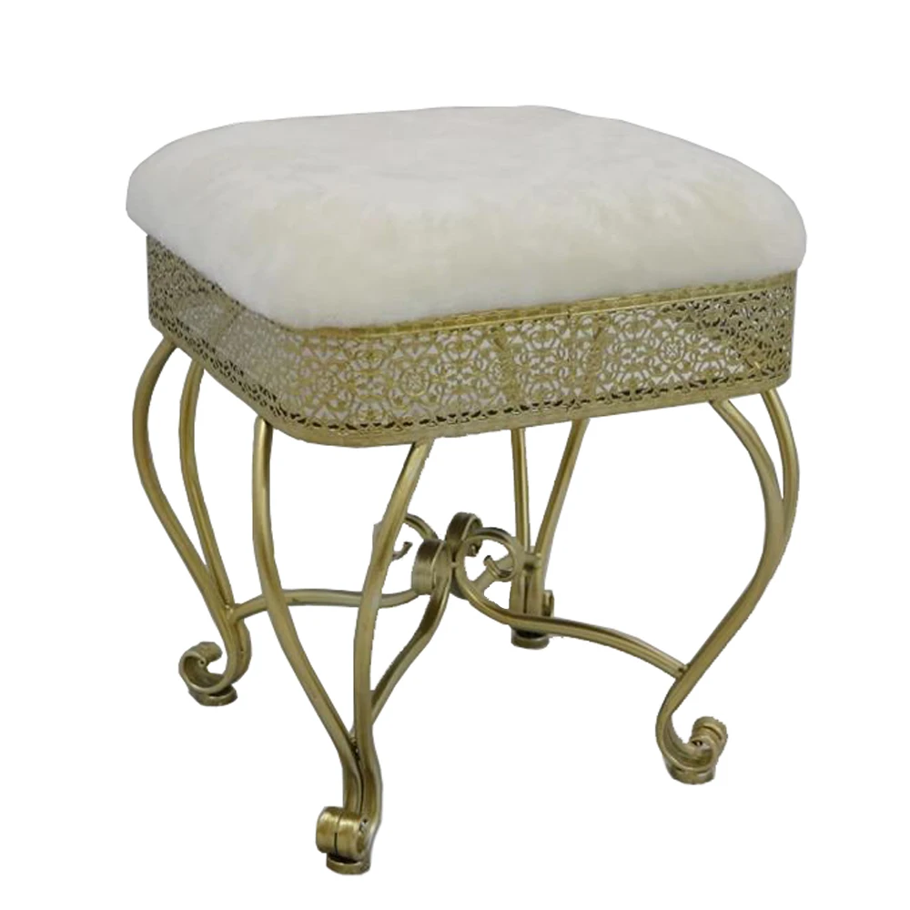 European style home decoration square gold steel metal white pouf ottoman