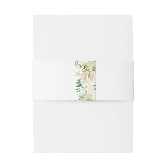 High quality printing Watercolor Ivory White Gold Floral Wedding Invitation Belly Band Envelope
