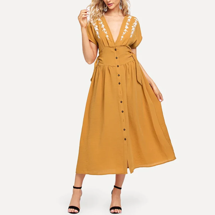 Wholesale fashion women Wide Waistband Flower Embroidered Button Up Dress