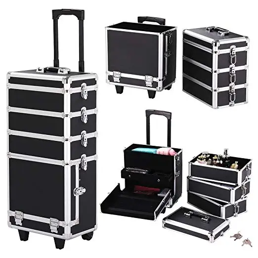 Highlight Black pink red silver Aluminum Rolling 4 in 1 Makeup Case Cosmetic trolley salon  trolley