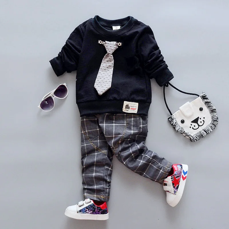 Hao Baby Spring And Autumn Two-Piece Kid Cotton Gentleman Long Sleeve + Plaid Denim Children Trousers Set