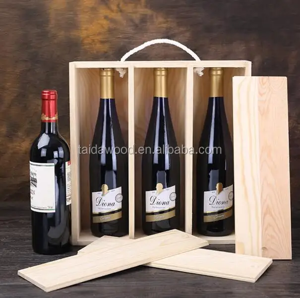 Large Pine Wooden Triple Champagne Bottle Box Plywood Slide Lid Wine Box