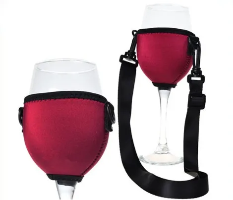 Fashion Neoprene Wine Glass cooler Holder Drink Wine Glass Sleeve Cup Insulator With Adjustable Neck Strap