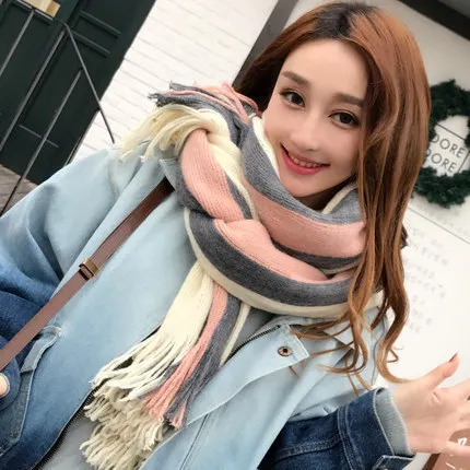 Fashion Scarves Wholesale 200*50Cm Large Acrylic Scarf  Long Students Women Color Striped Tassel Scarf