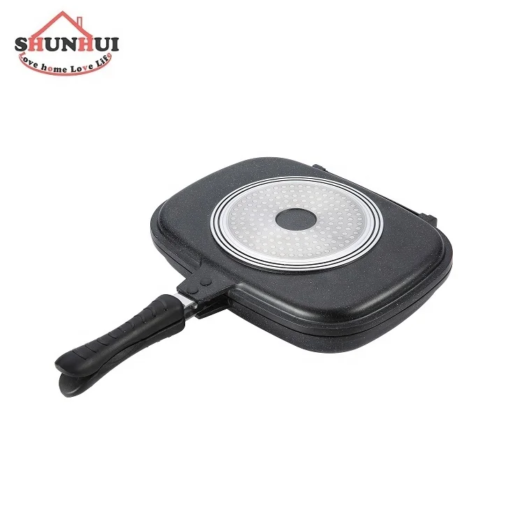 12Inch Marble Coat Fry Pan Double Side With Low Pressure Lid 32cm Round Shape Double Grill Pan Non-stick