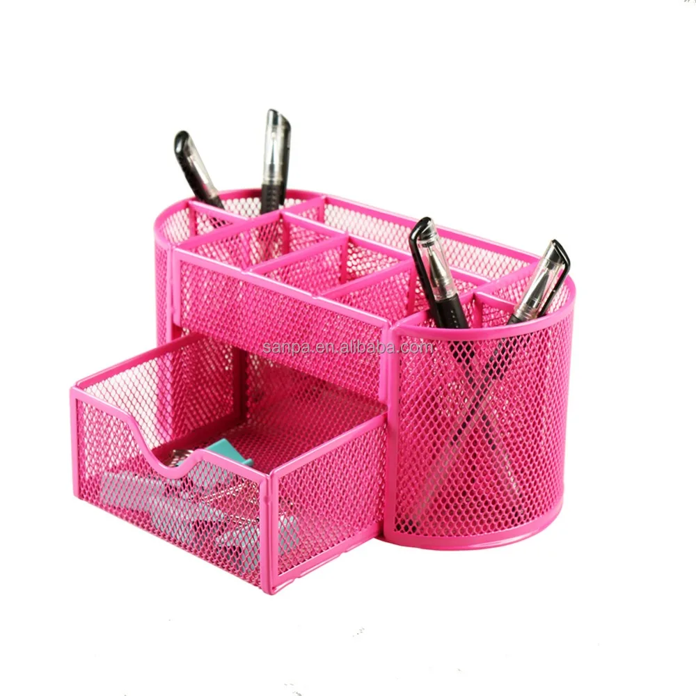 Office Stationery Metal Mesh 5 Compartments Desk Organizer With Drawer