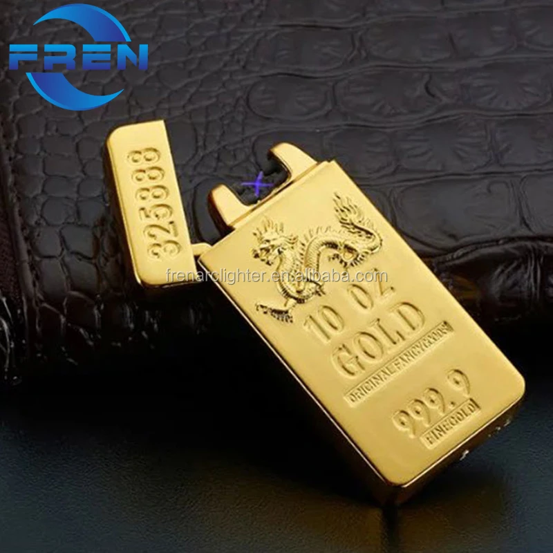 Высокое качество оптовая продажа USB перезаряжаемая электрическая двойная дуга прикуриватель золотой бар курительный огонь зажигалка деловой подарок