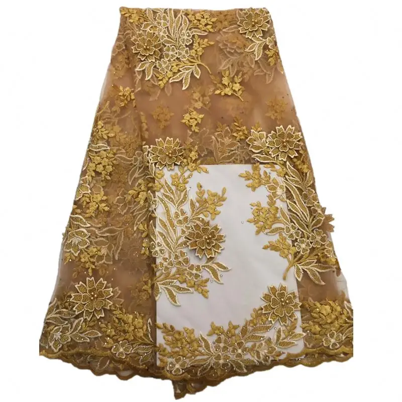 
 Горячая Распродажа, Золотое Тюлевое кружево с бусинами, 3D французское Сетчатое кружевное платье, ткань для невесты  