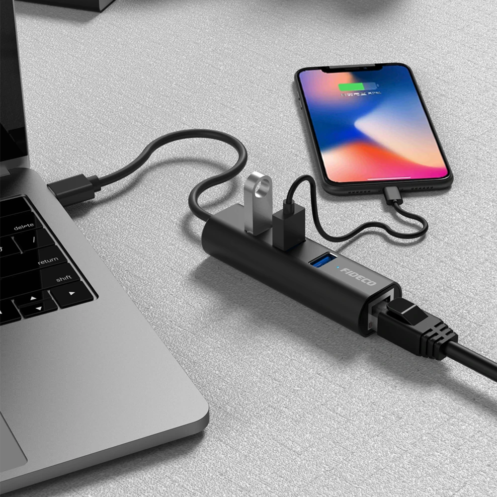 FIDECO wholesale 3 usb hub with rj45 ethernet adapter usb 3.0 to ethernet lan adapter