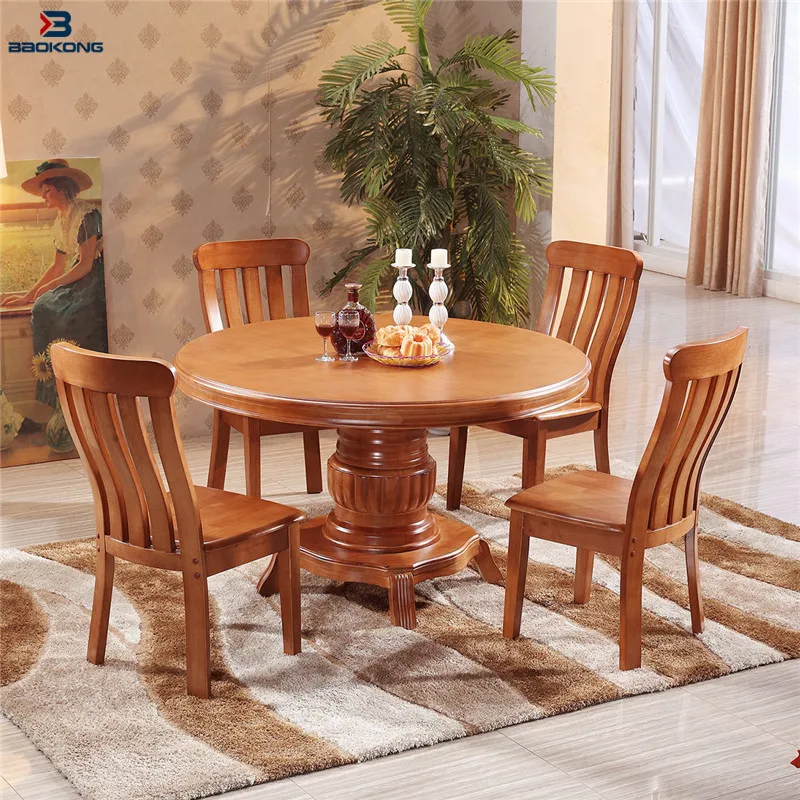 Antique 6 Seat Wooden Rotating Round Dining Table Set