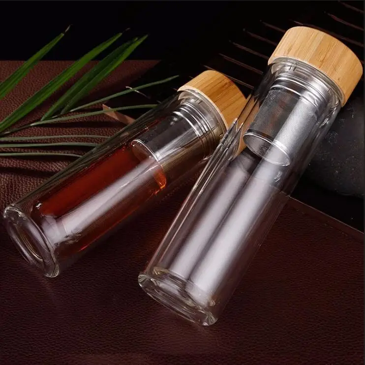 2020 new design 400ml Eco-Friendly double wall high quality Bamboo lid glass tea water drinking bottle