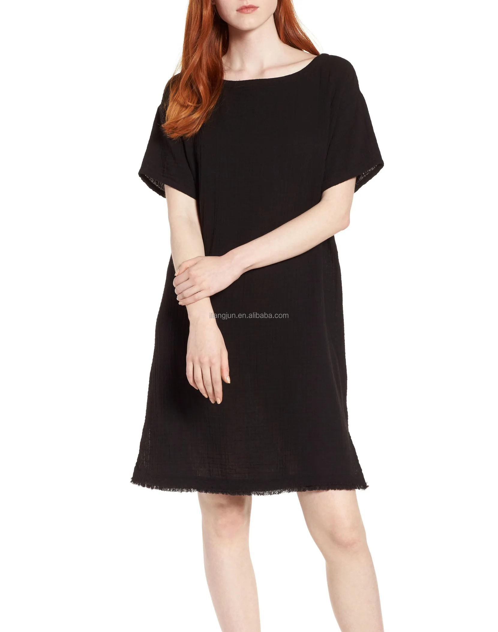 
Short sleeve fringe hem women black frayed organic cotton dress 