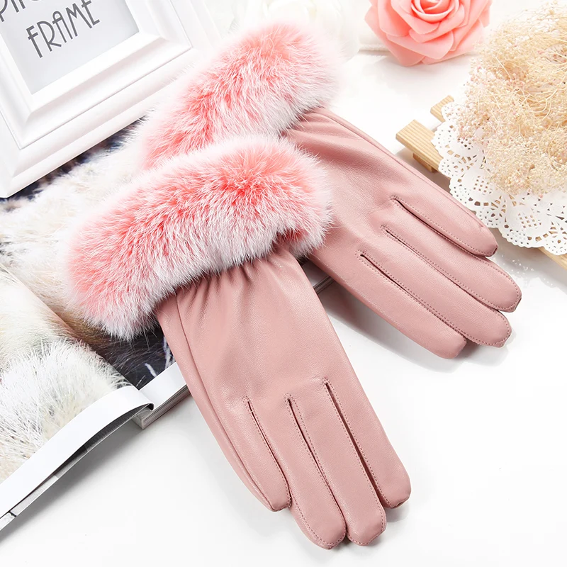 Cheap fur touch screen warm pu synthetic leather ladies hand gloves