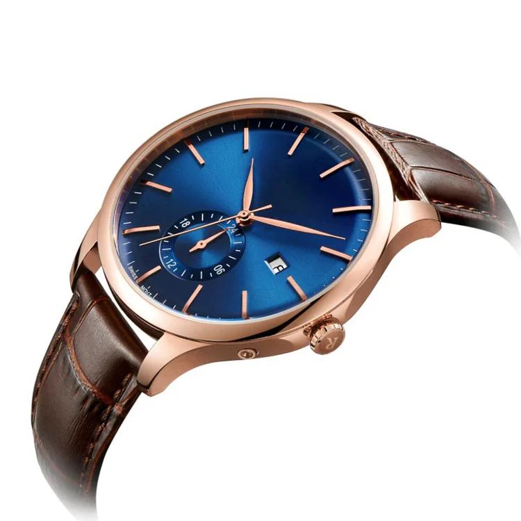 Shine Blue Sunray Face Real 3D Index Brown Leather Strap Date Window Show With Second Subdial Sport Stainless Steel Watch Men