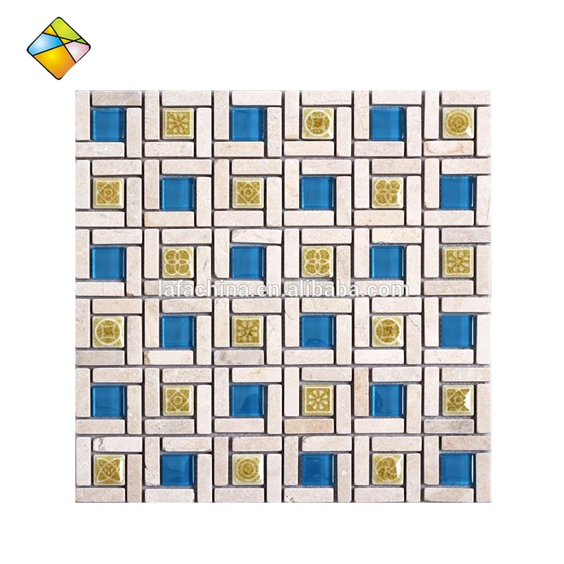 Vintage Premium Strips Stone  Square Glass Tile Blue Glass and Ceramic Mosaic Tile