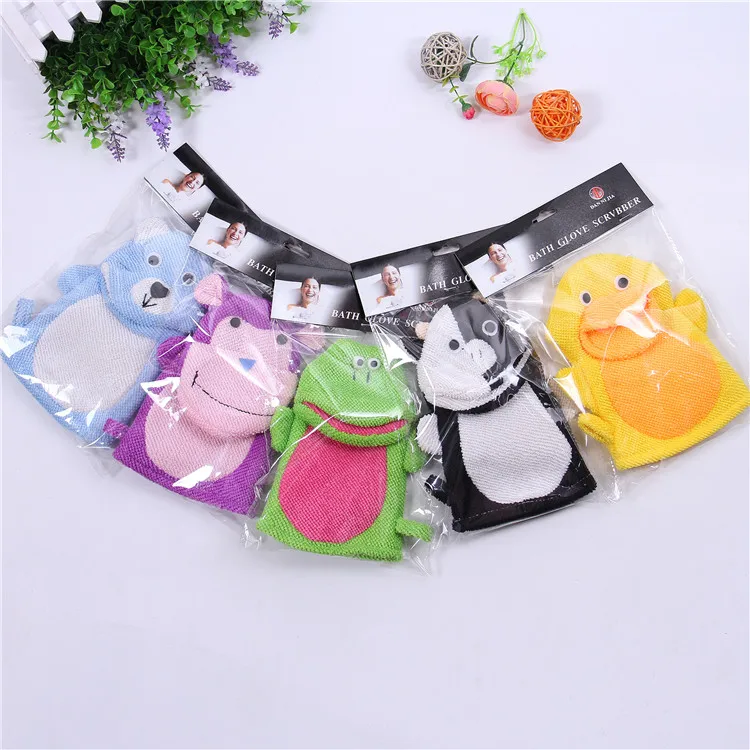 Hot selling lovely exfoliating baby bath gloves with animal style