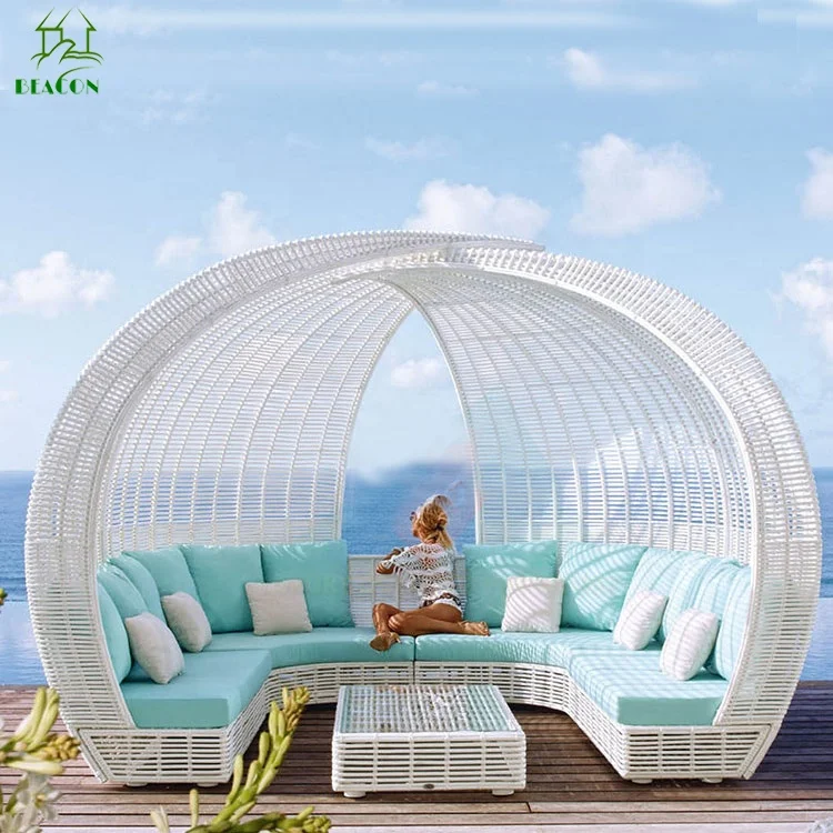 Outdoor Rattan daybed wicker furniture garden sunbed with canopy beach lounge