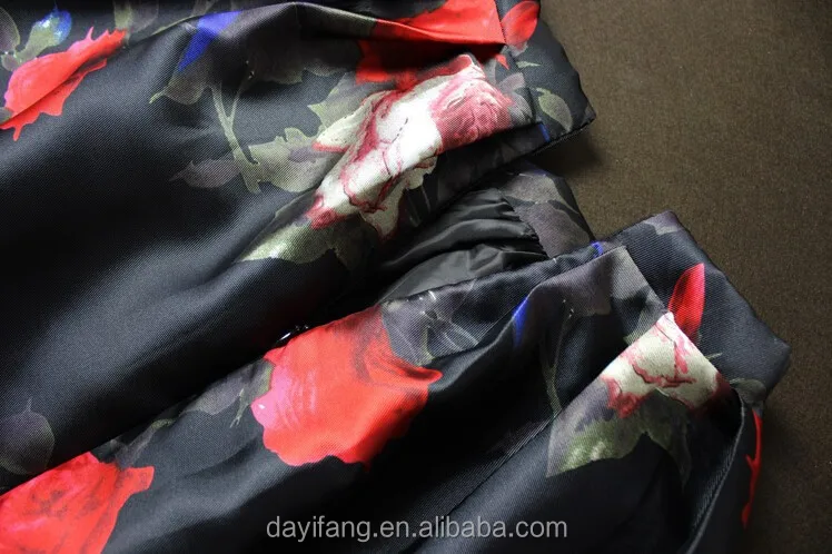 Women black skirt with red roses printed design maxi skirts for fat lady
